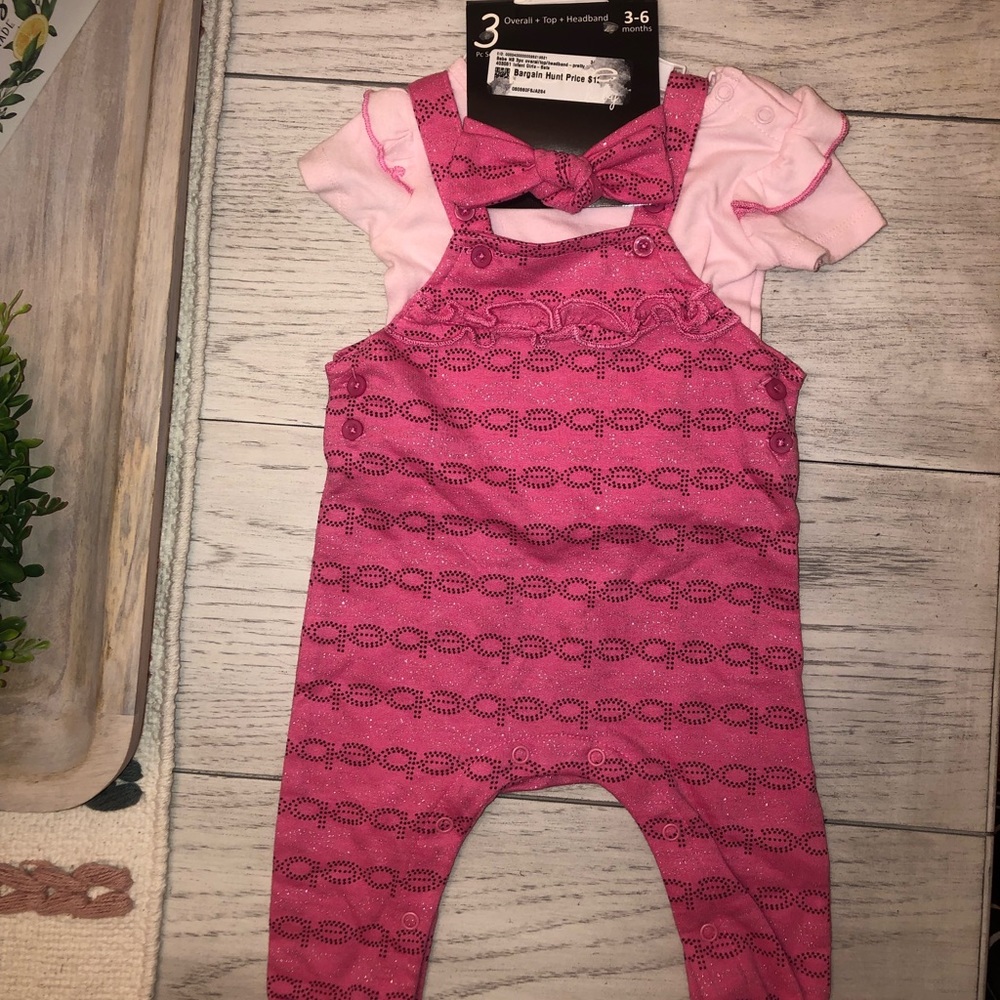 3-6 Month Girls 3 Piece (overall,top and headband) by BeBe